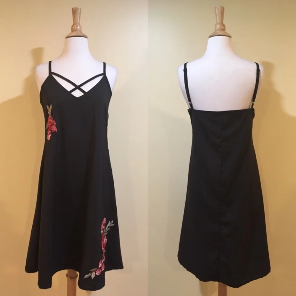Cross Front Rose Floral Embroidered Cami Dress - Picture 5 of 7